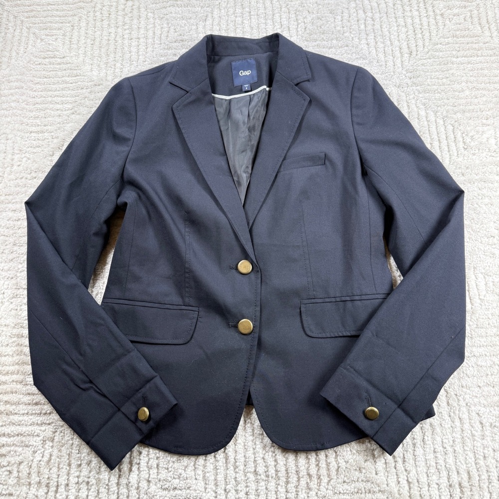 Gap Wool Blend Blazer Womens 2 Navy Blue Brass Button Career Academia Preppy
